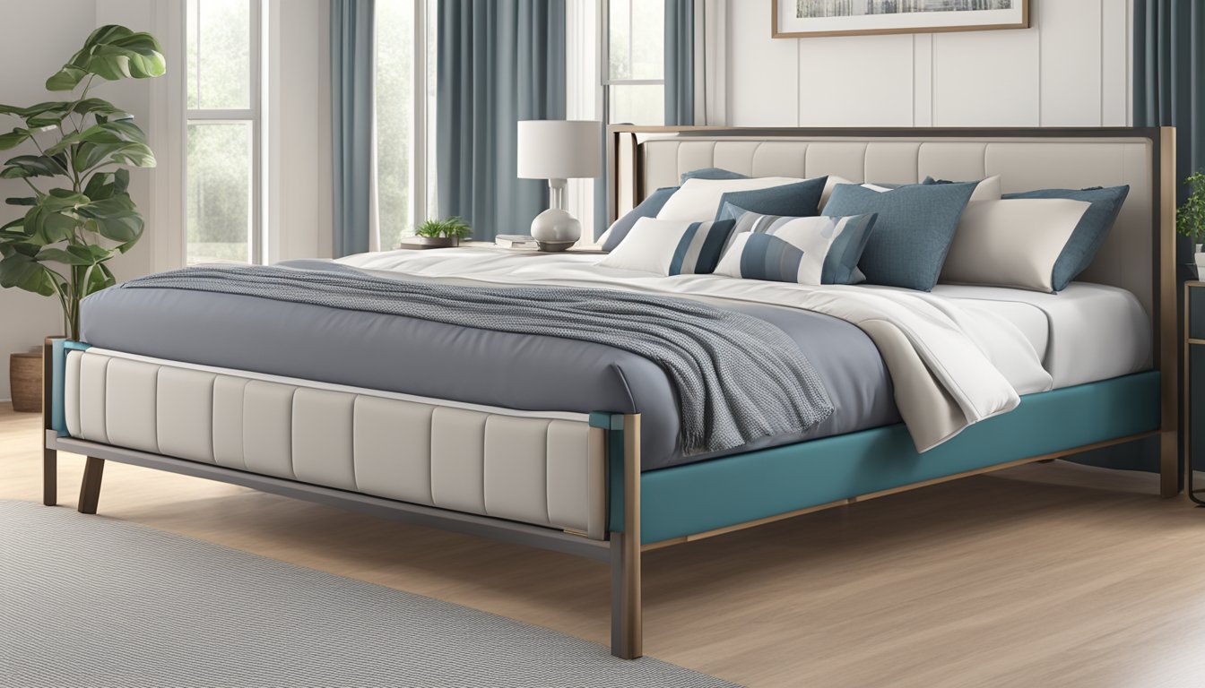 A high bed frame in a queen size, with sturdy construction and minimalistic design