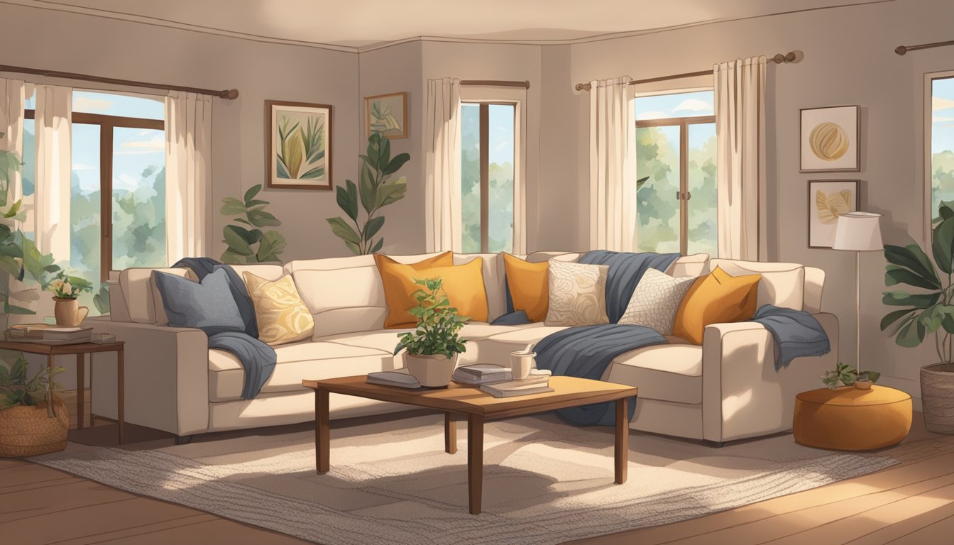 A cozy living room with floor mattresses arranged for lounging, reading, or hosting guests. Warm lighting and soft textiles create a welcoming atmosphere