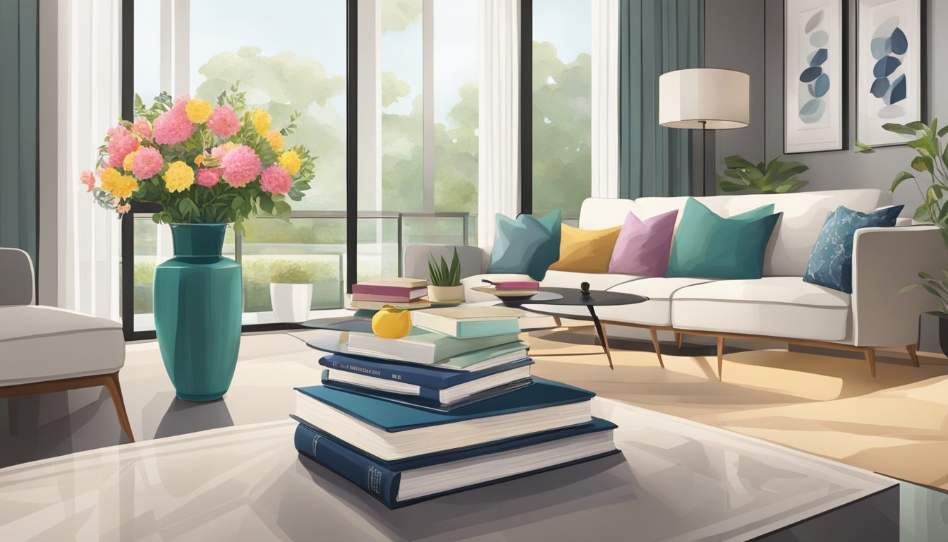 An elegant occasional table in a modern Singapore living room, adorned with a vase of fresh flowers and a stack of books