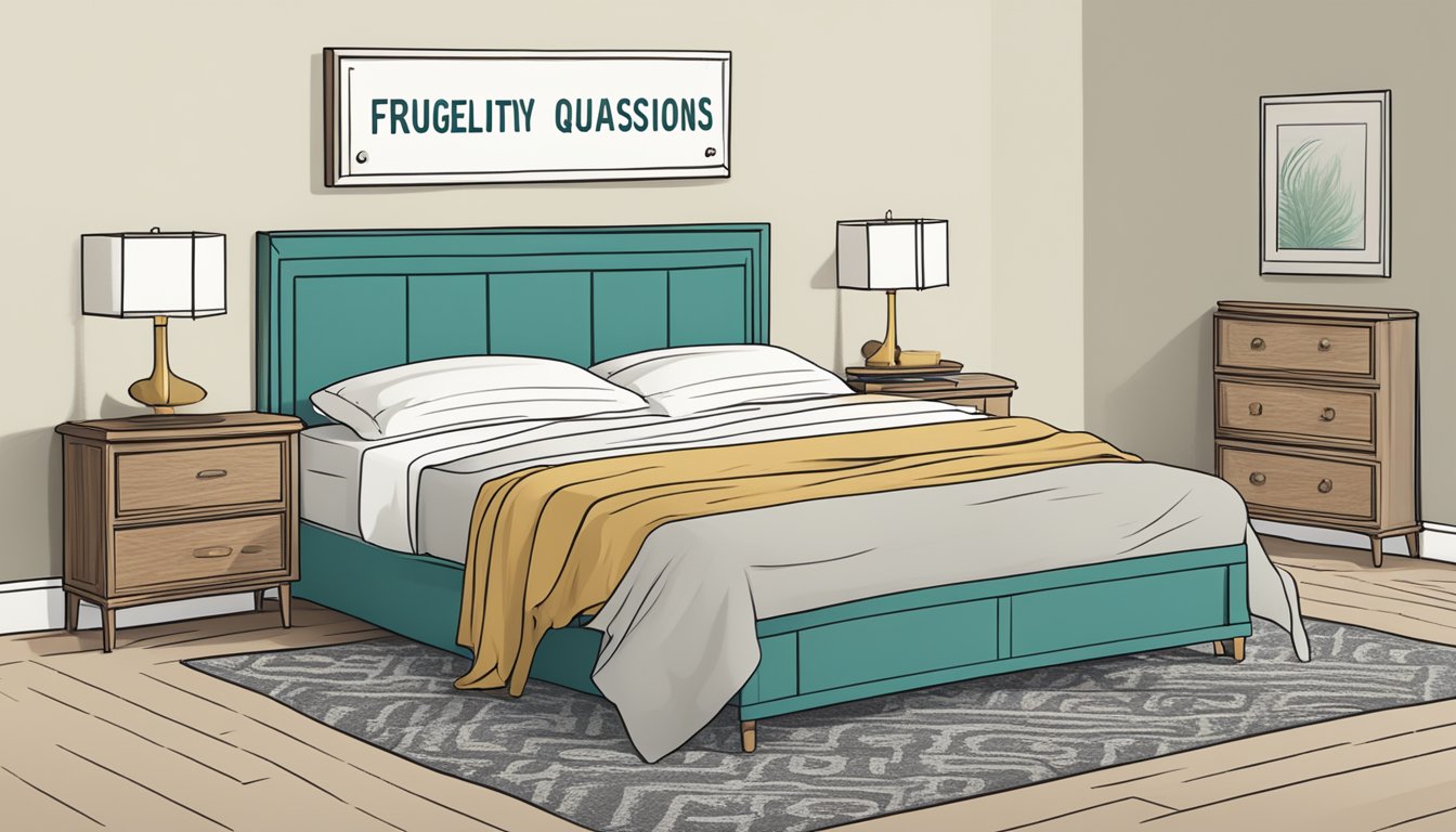 A queen-sized bed frame surrounded by question marks and a "Frequently Asked Questions" sign