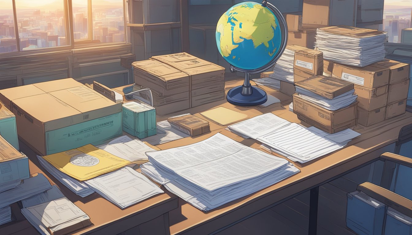 A desk with legal documents, import regulations, and a checklist. A globe and a stack of shipping containers in the background