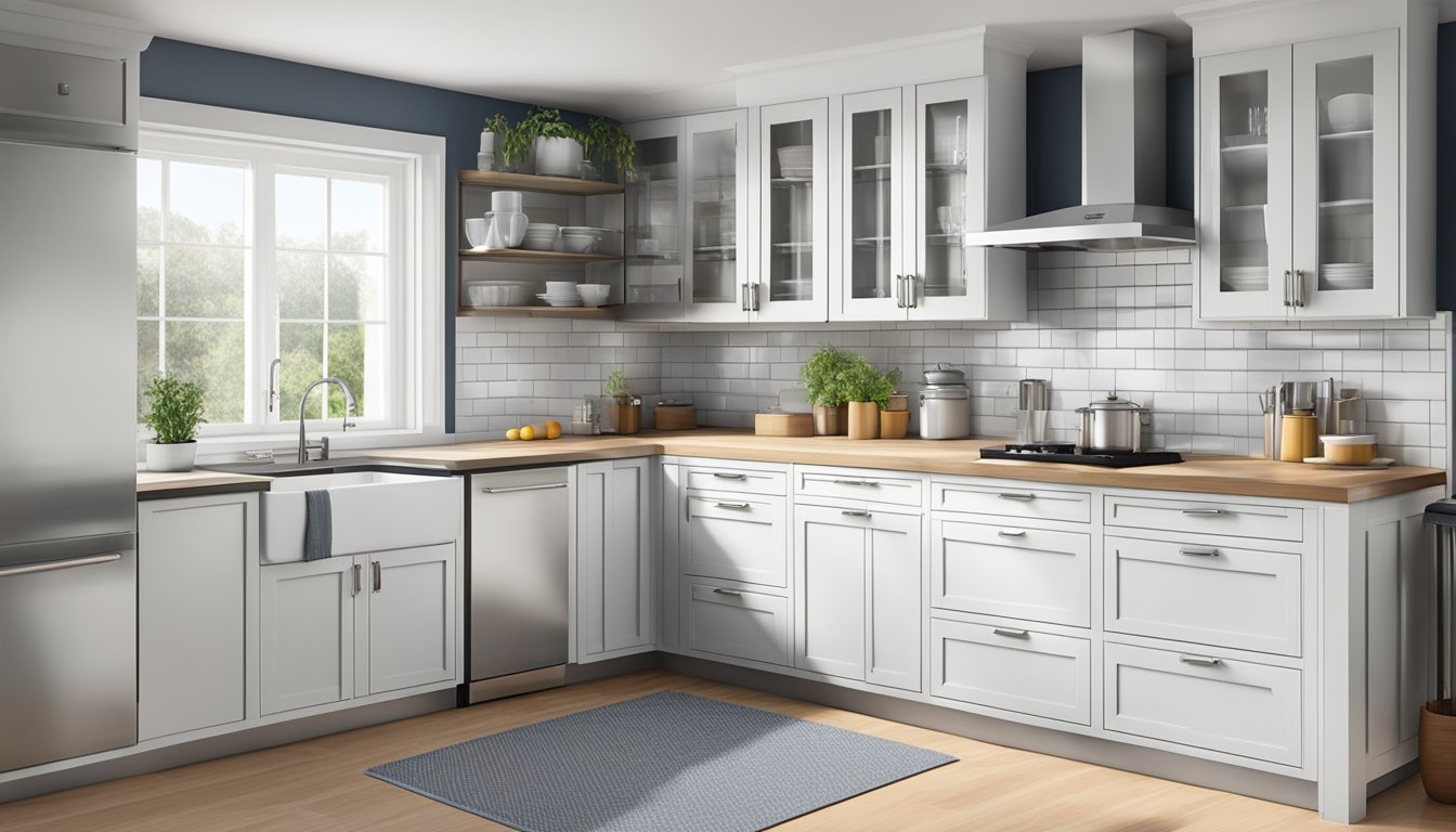 The kitchen top cabinets are made of sleek, white, and modern design, with silver handles and glass doors. The cabinets are neatly organized with dishes, glasses, and cooking utensils inside