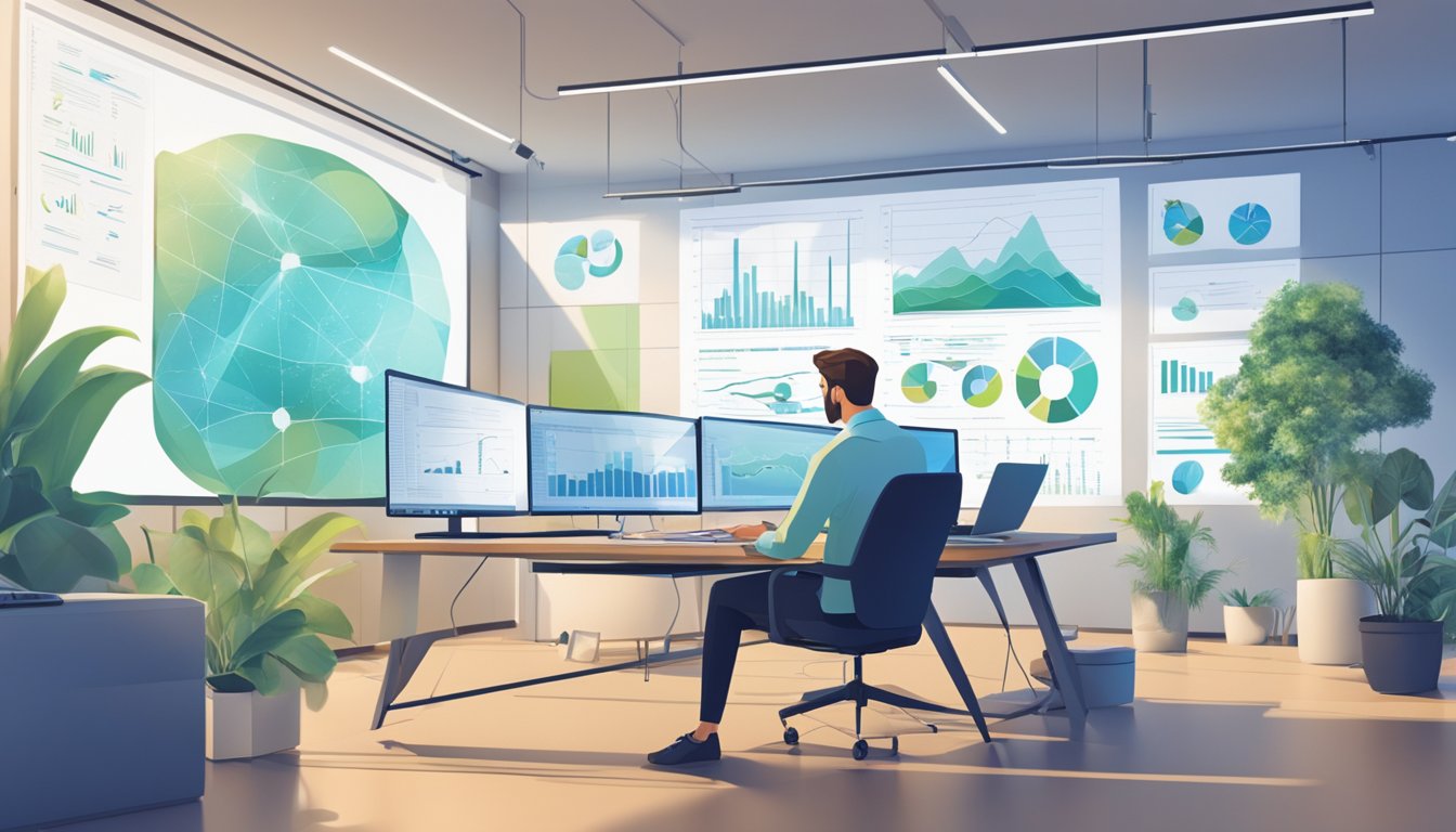 An environmental sustainability specialist researching and analyzing data in a modern office setting, surrounded by charts, graphs, and sustainable technology