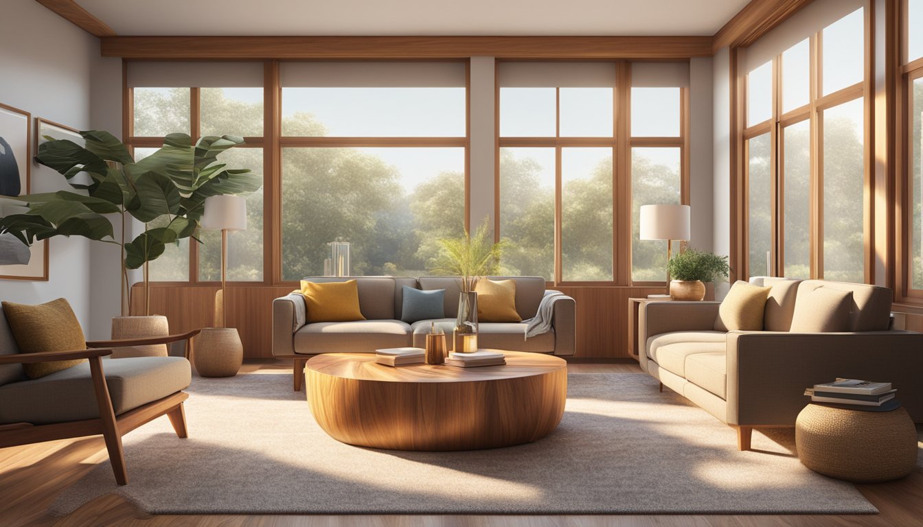 A teak wood coffee table sits in a sunlit living room, surrounded by cozy armchairs and a plush rug. The table's rich, warm tones and natural grain are highlighted by the sunlight streaming through the window