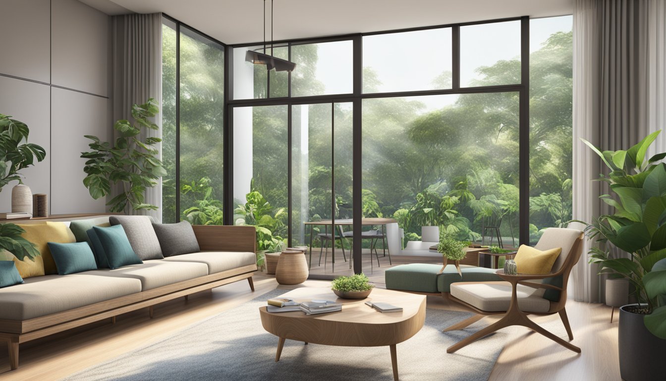 A cozy living room in Singapore with modern occasional tables, surrounded by lush greenery and natural light streaming in through large windows