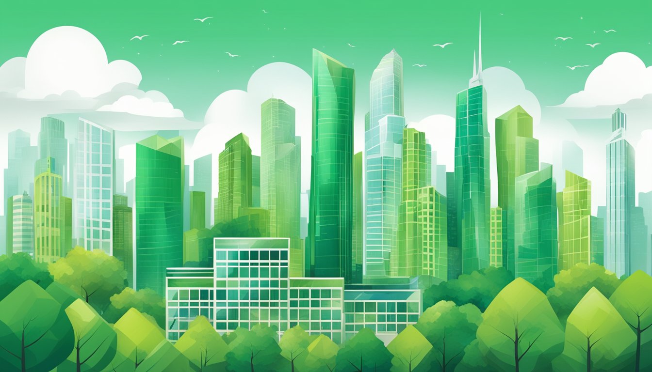 A bustling city skyline with a mix of modern skyscrapers and green, eco-friendly buildings. A large company logo prominently displayed on a sustainable office building
