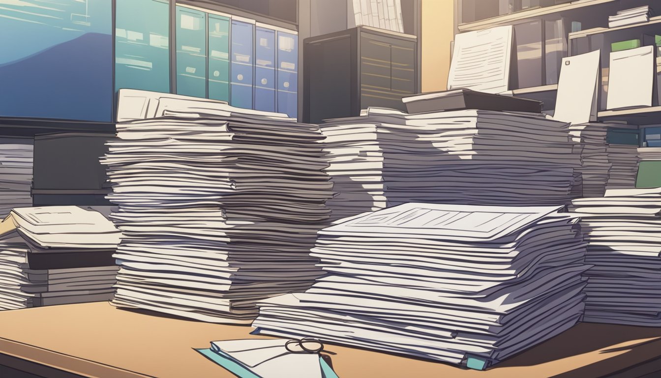 A stack of legal documents and import regulations being reviewed and organized on a desk by a business professional