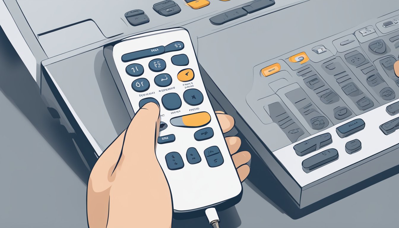 A hand reaches for a non-responsive fanco fan remote. The remote's buttons appear stuck or unresponsive