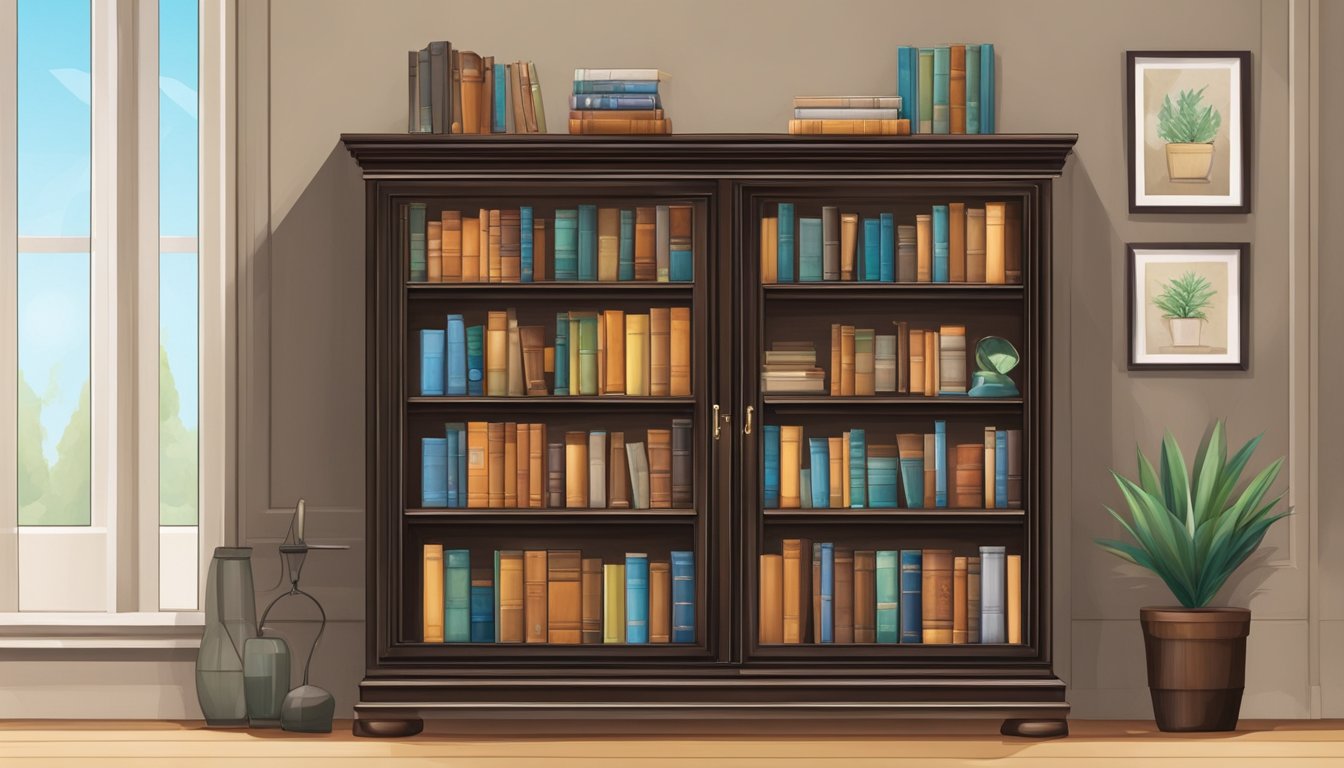 A book cabinet stands against the wall, neatly organized with books displayed on the shelves. The cabinet is made of dark wood with glass doors, showcasing the collection within