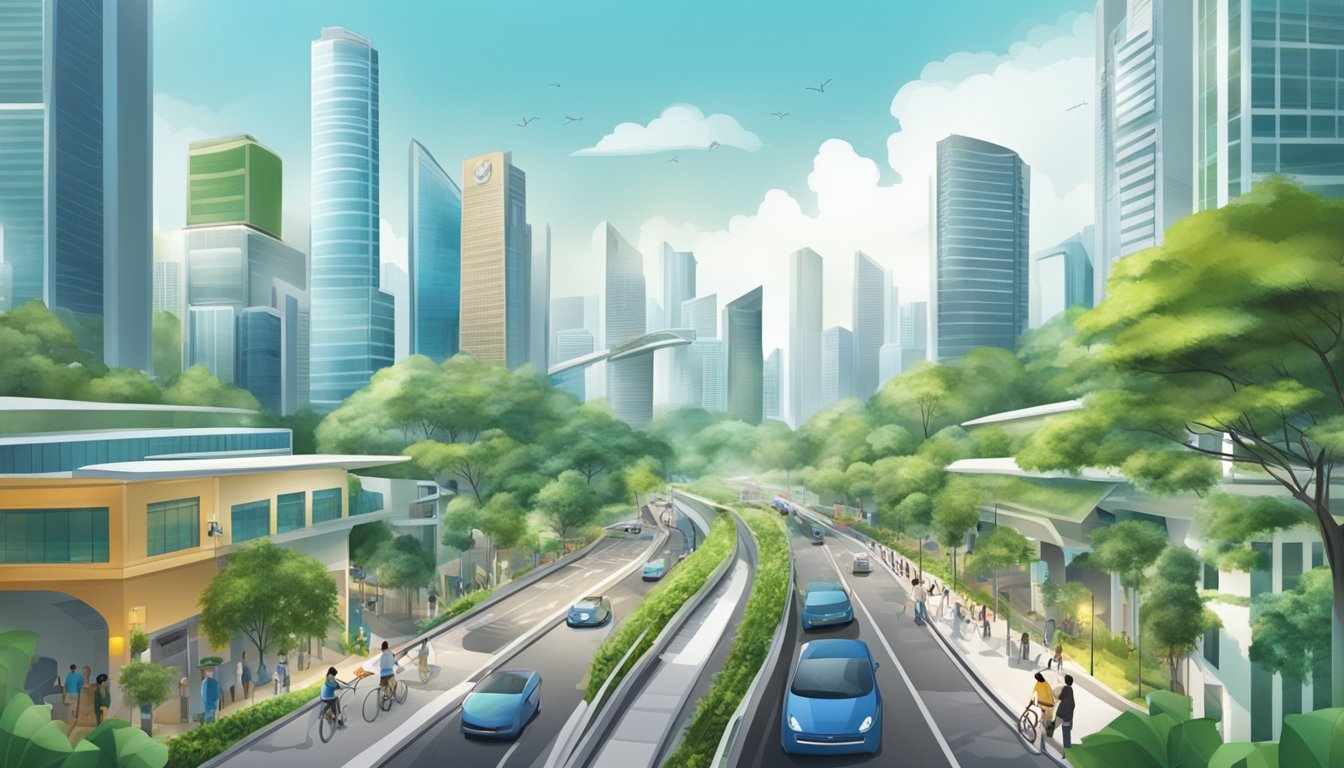 A bustling Singapore cityscape with a focus on environmental initiatives and sustainability symbols, such as renewable energy sources and green infrastructure