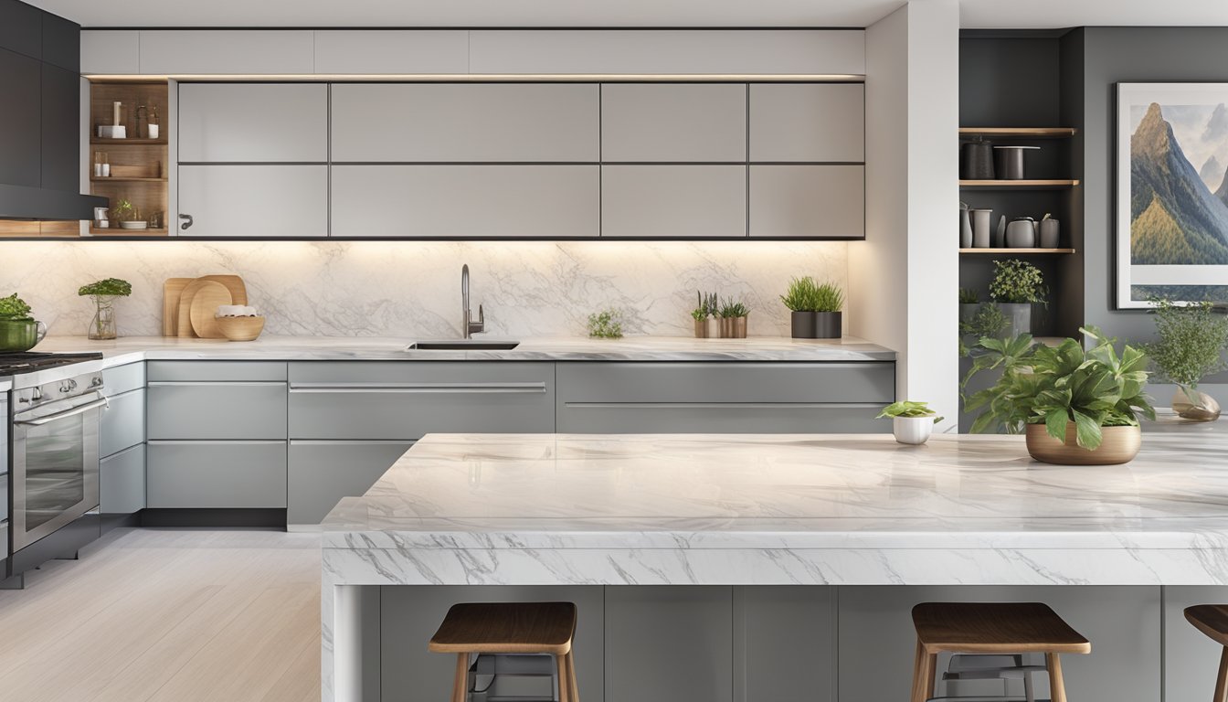 A modern kitchen with sleek, white top cabinets, stainless steel hardware, and under-cabinet lighting. A marble countertop and a stylish backsplash complete the look