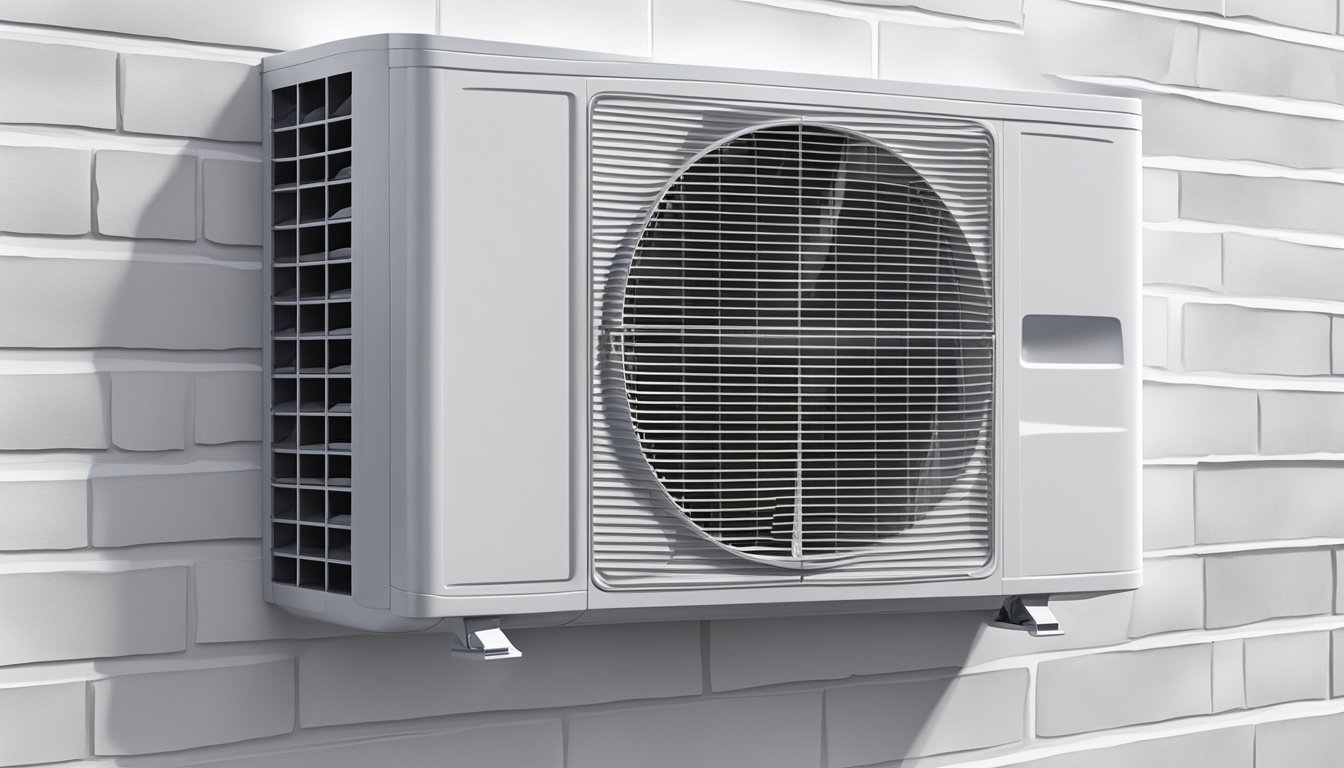 A modern air conditioning unit mounted on a clean white wall, with cool air flowing out of the vents