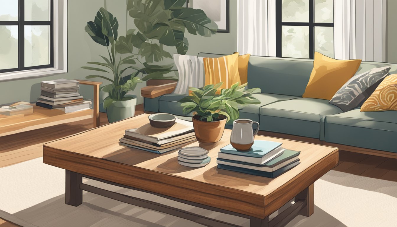 A teak wood coffee table with a stack of books, a potted plant, and a decorative bowl on top. The table is placed in a well-lit living room with comfortable seating around it