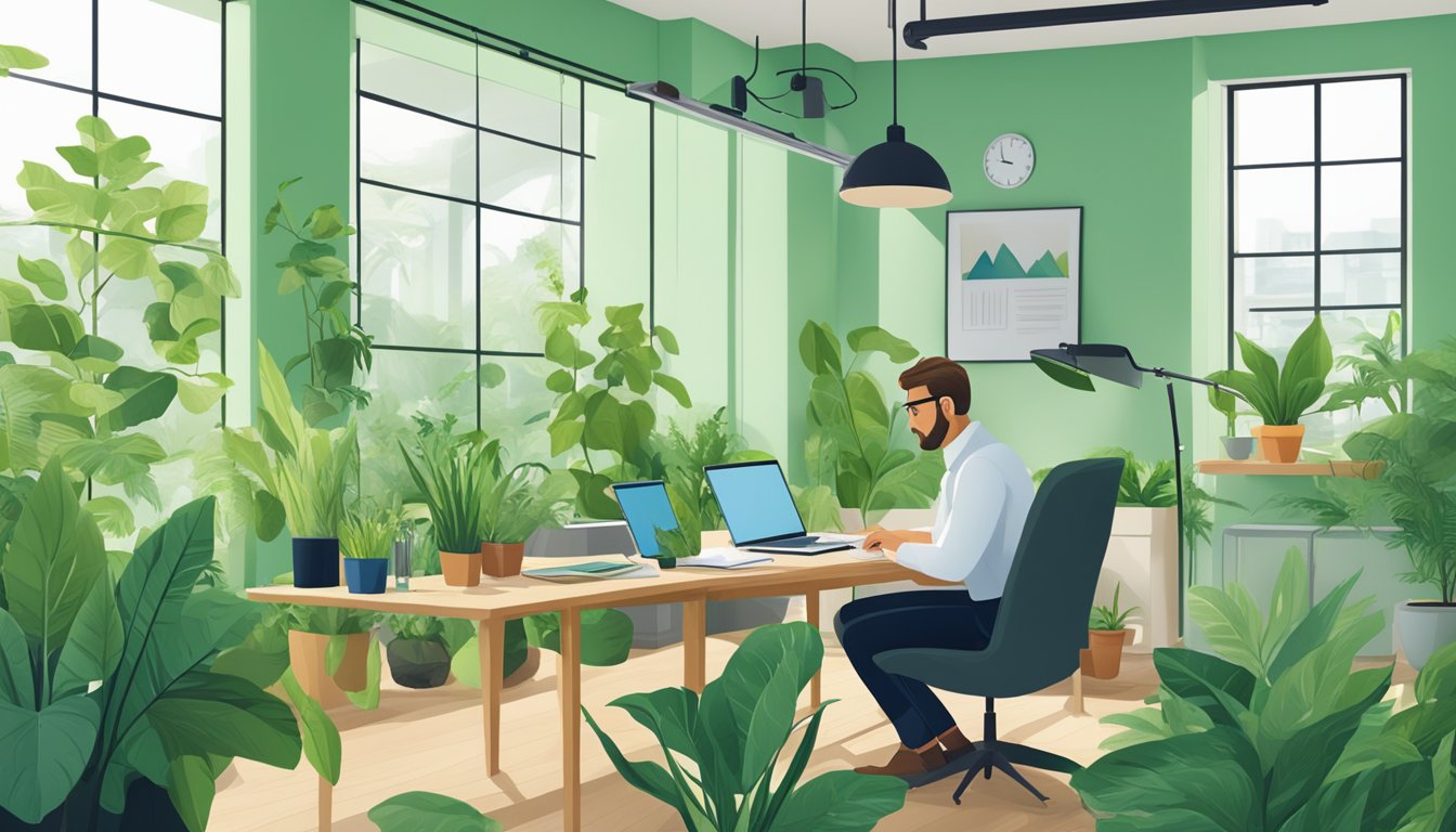 An environmental sustainability specialist researching in an office, with a laptop and documents, surrounded by green plants and sustainable office decor