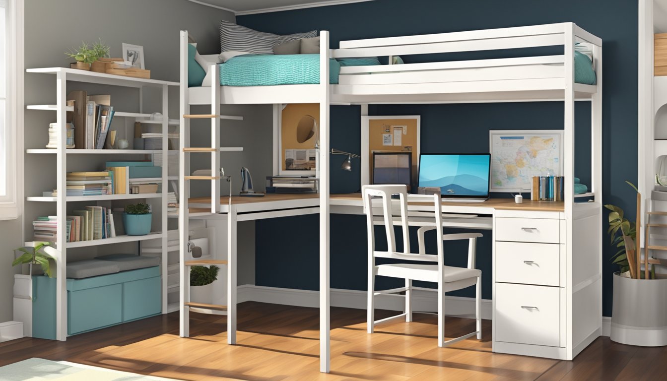 A loft bed with a built-in desk, shelves, and ladder. The desk is positioned underneath the bed, with ample space for a chair and work materials