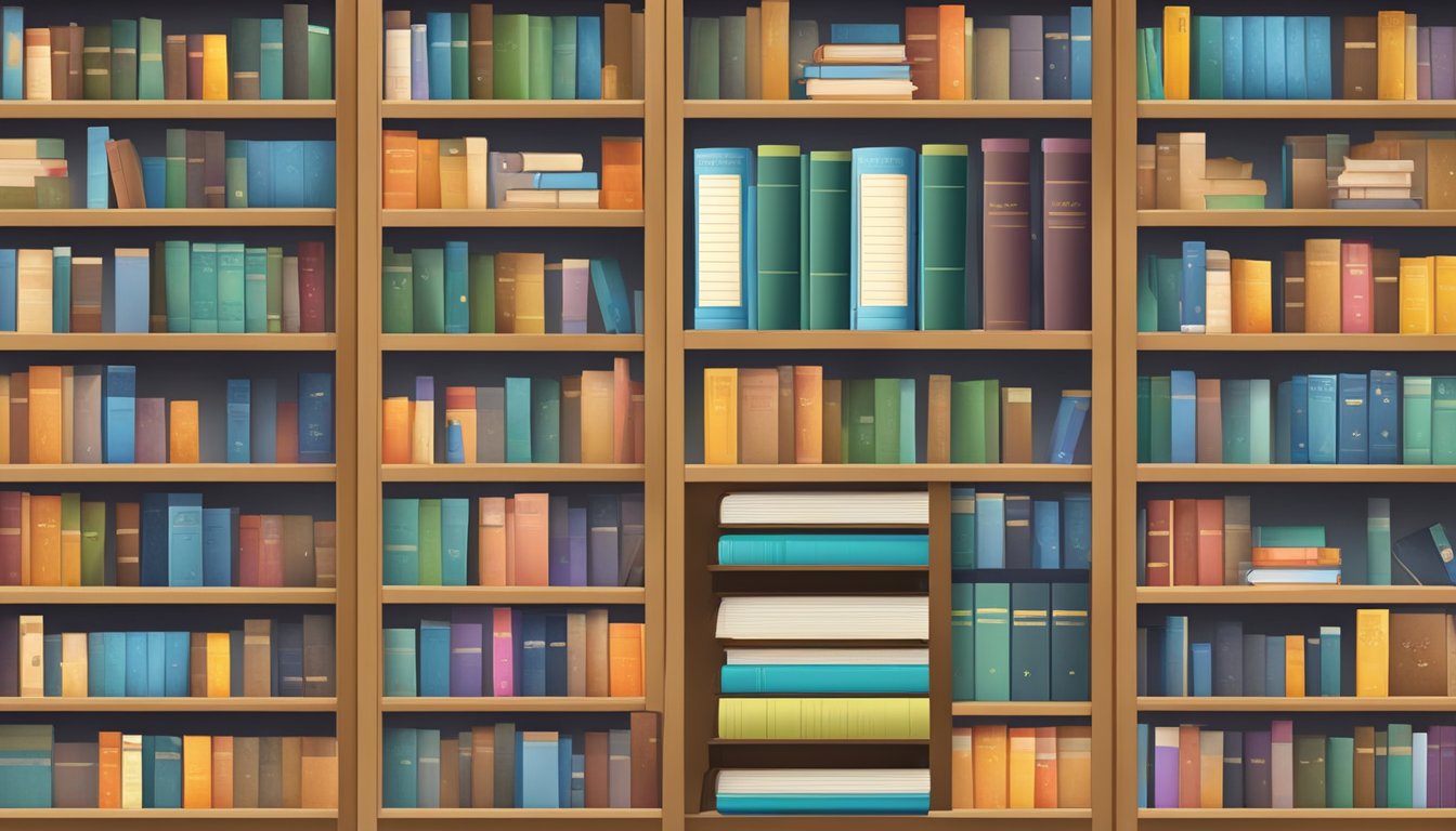 A book cabinet with "Frequently Asked Questions" labeled on shelves, filled with various books and neatly organized