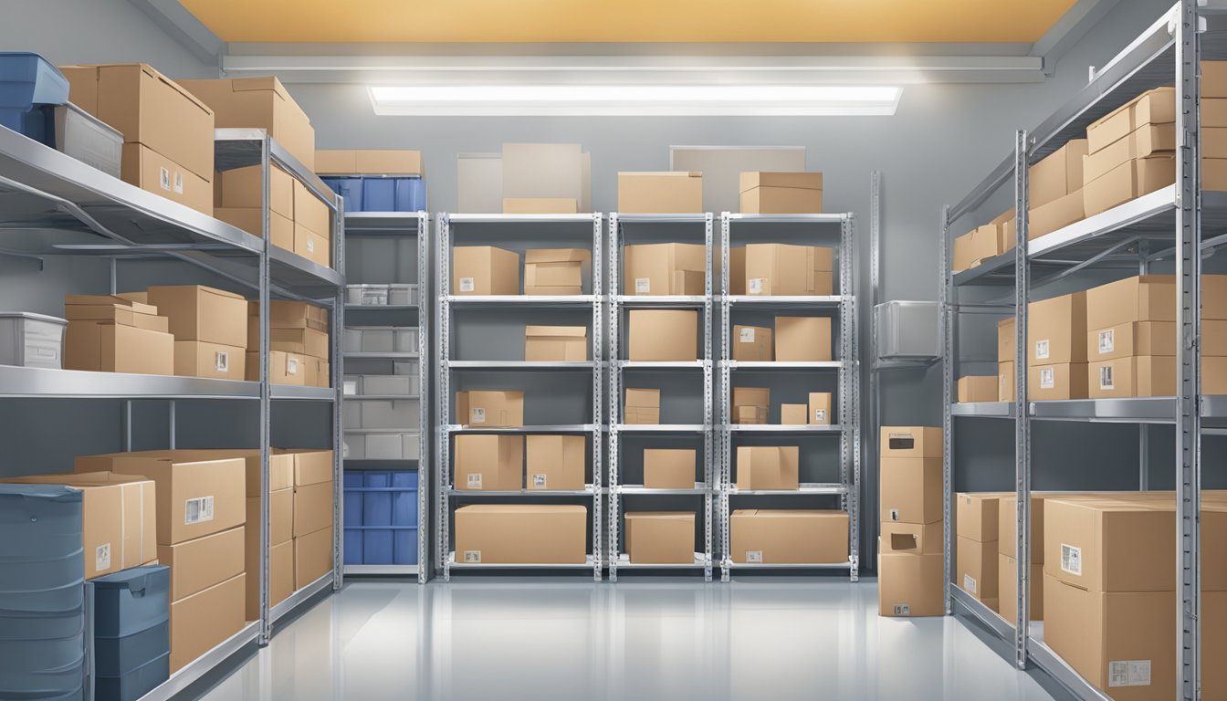 Items being carefully placed in a clean, well-lit storage unit. Boxes neatly stacked, labels visible. A sturdy lock secures the door
