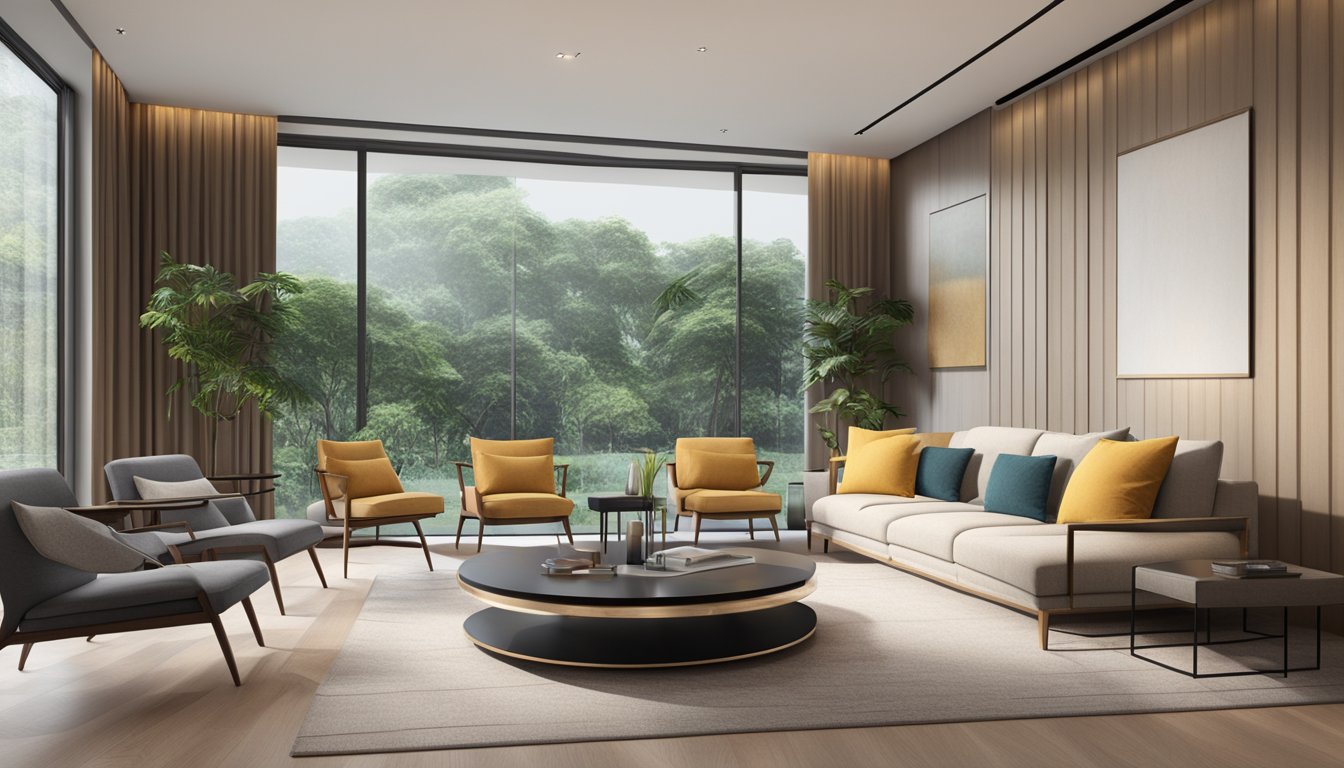 A modern living room with a sleek, minimalist occasional table in Singapore, surrounded by comfortable seating and a warm, inviting ambiance