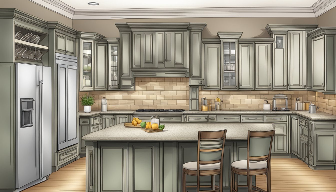 The kitchen cabinets are neatly arranged with labeled sections for frequently asked questions
