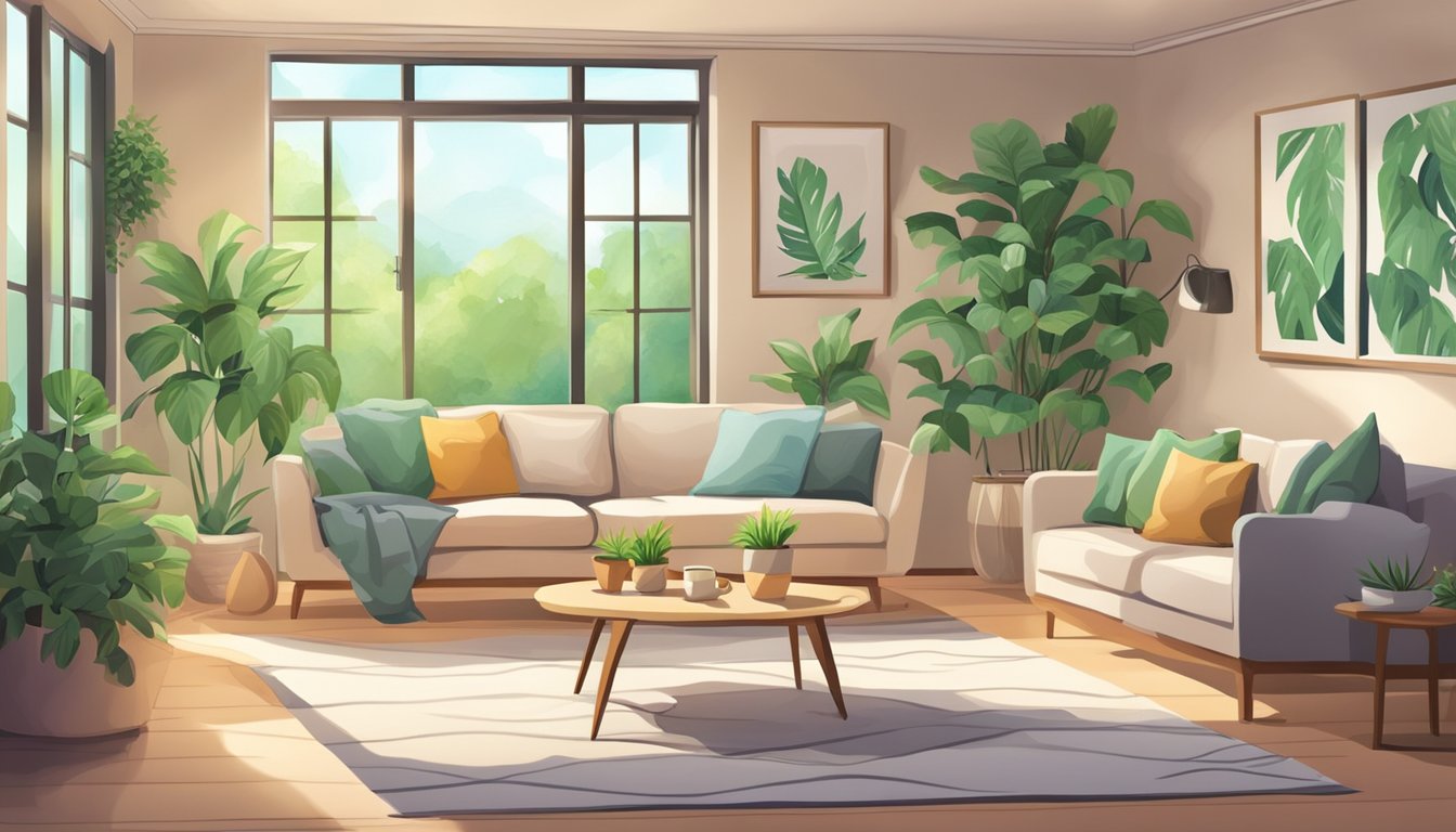 A cozy living room with a modern air conditioner unit mounted on the wall, surrounded by comfortable furniture and lush green plants