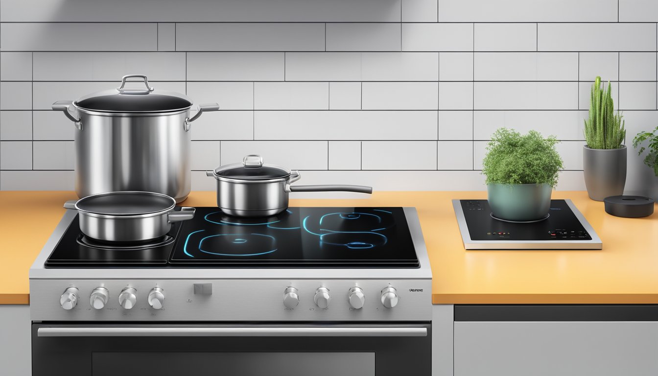 An electric stove and an induction stove side by side, with visible heat coils and magnetic induction elements. A question mark hovers above, symbolizing the comparison