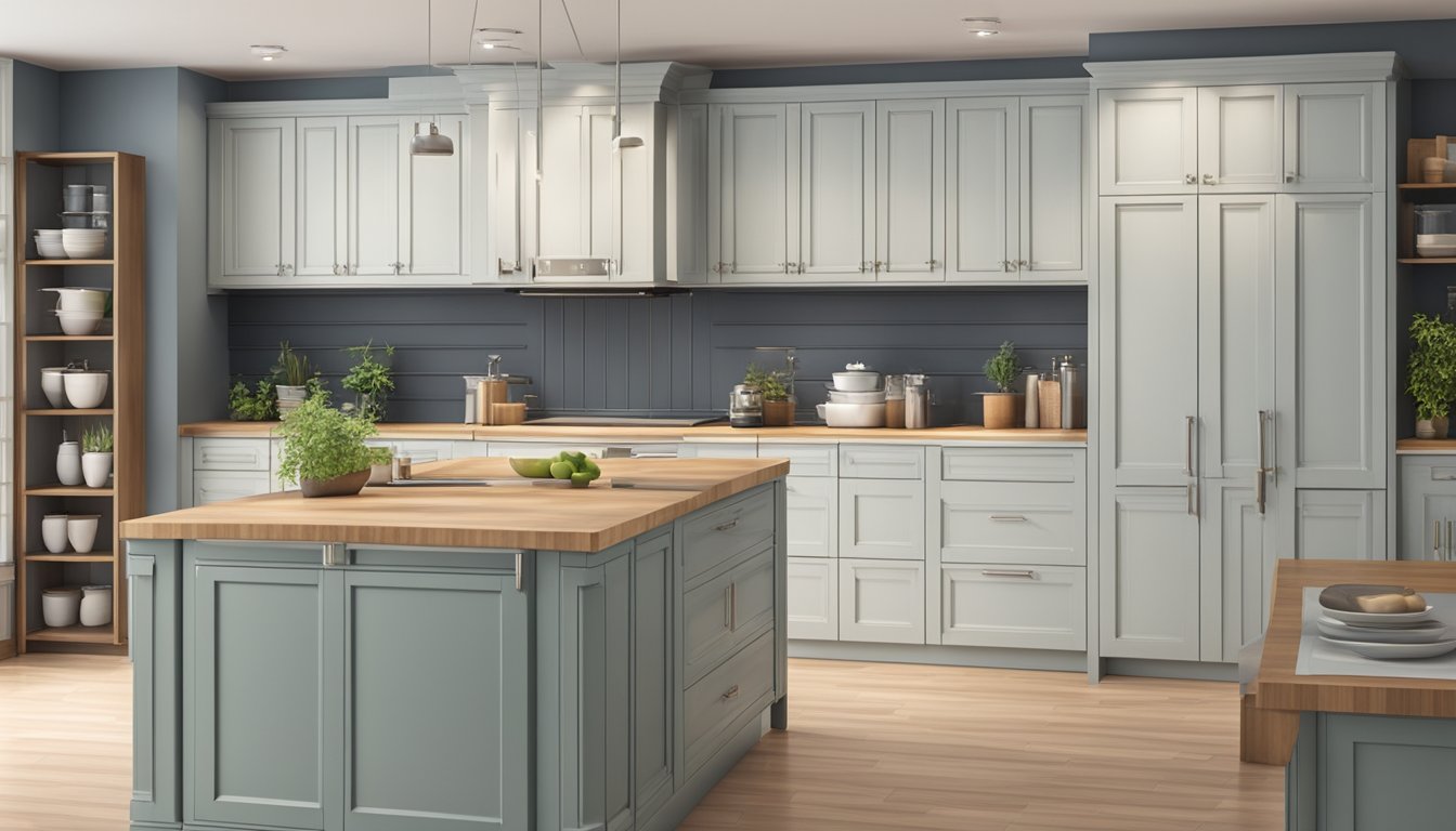 The kitchen cabinets are displayed in a showroom, with various styles and finishes. Price tags are visible, and the cabinets are arranged neatly in rows