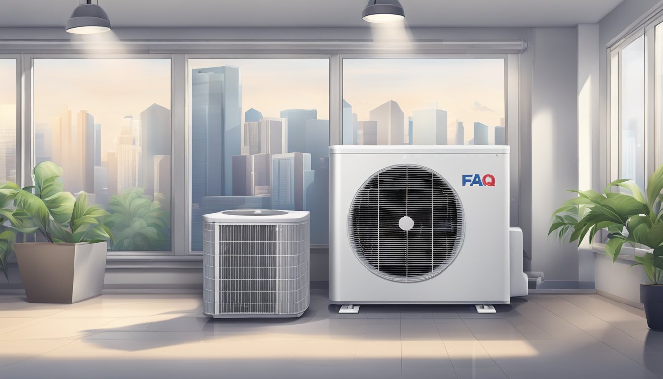 A modern air conditioning unit with a FAQ sign, surrounded by a clean and organized office setting