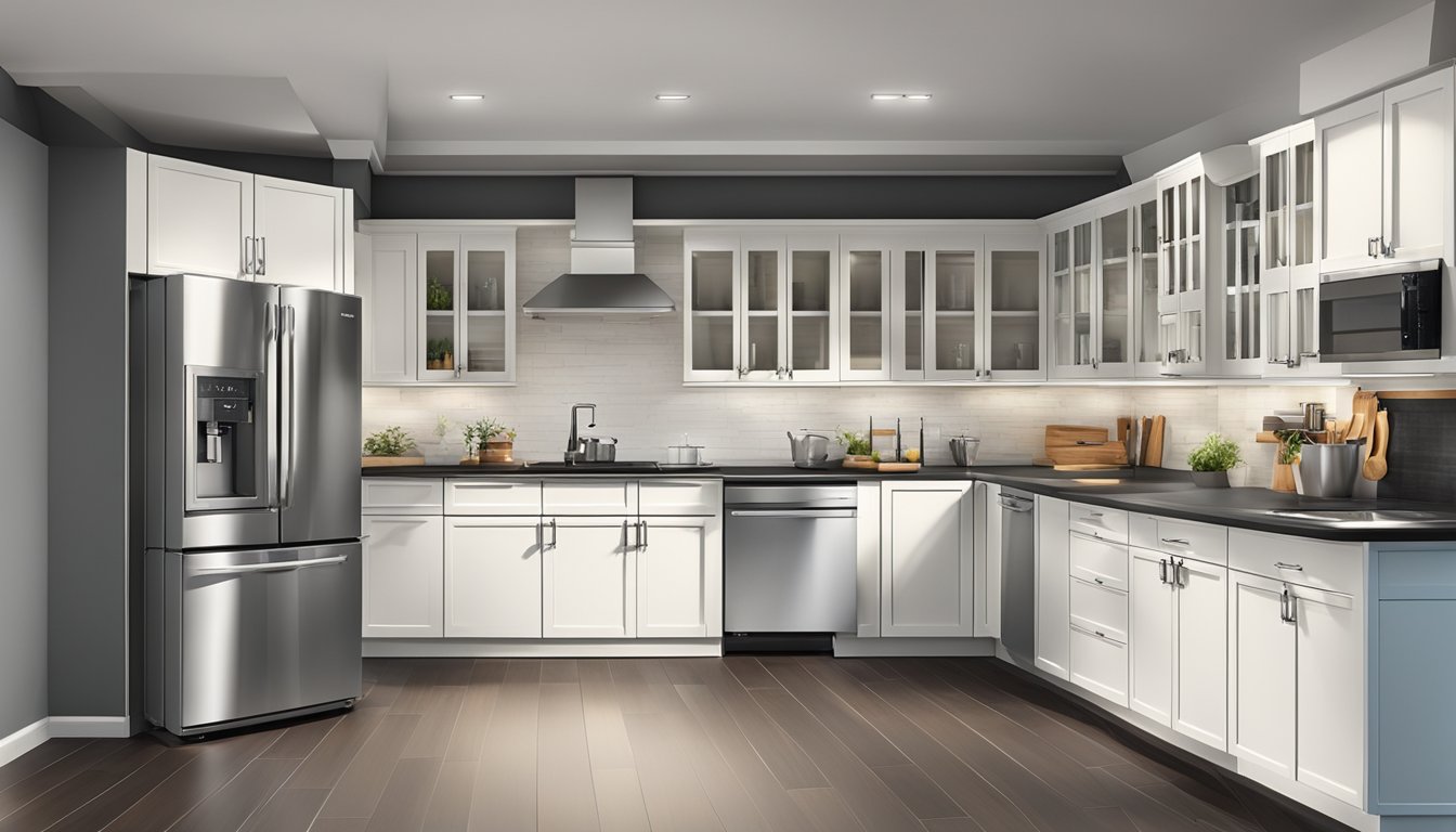 A kitchen with sleek, modern cabinets, organized and filled with high-quality cookware and appliances. Price tags displayed prominently on each cabinet