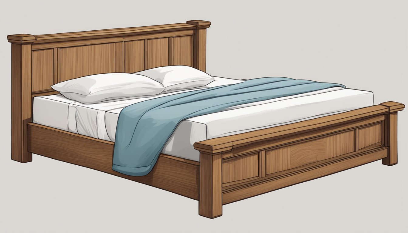 A sturdy wooden bed frame supports a plush mattress set, adorned with crisp white linens and fluffy pillows