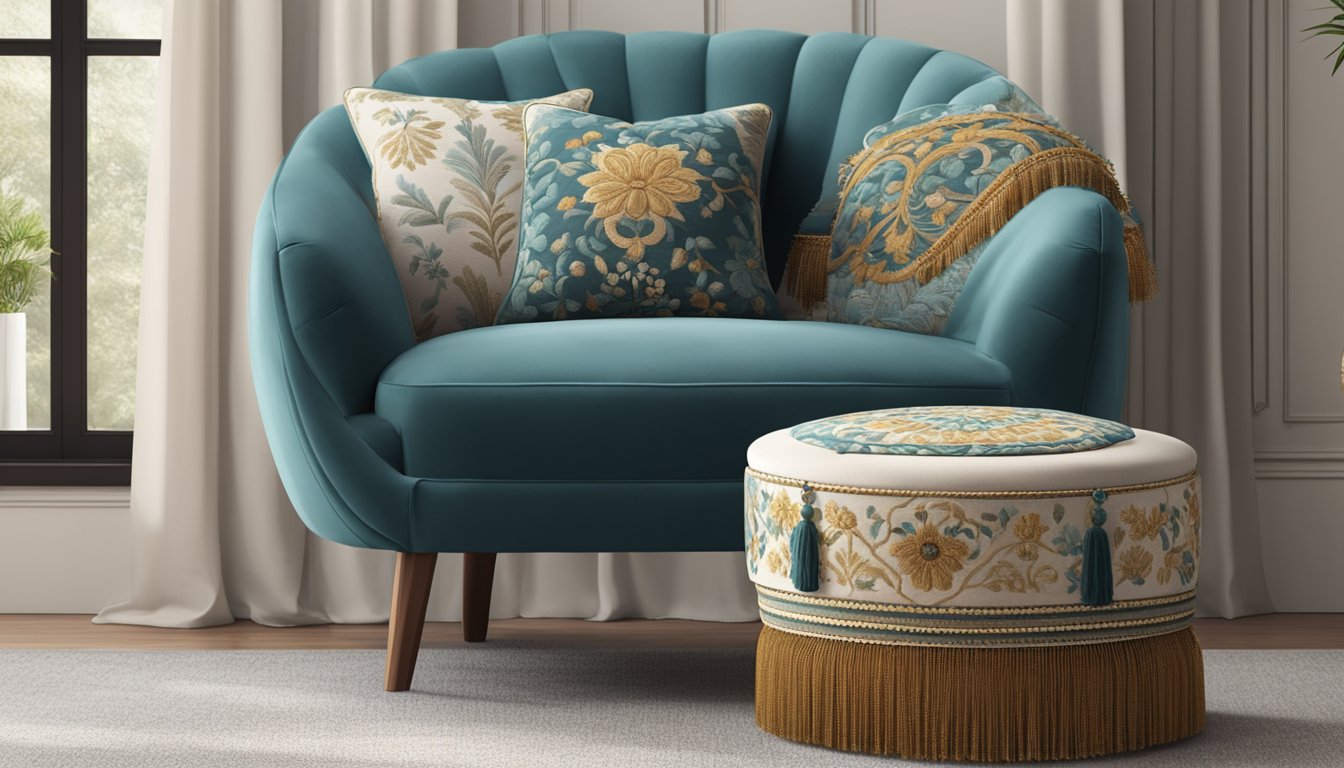 A plush, round ottoman stool sits in front of a cozy armchair, adorned with intricate embroidery and tassels, adding a touch of elegance to the room