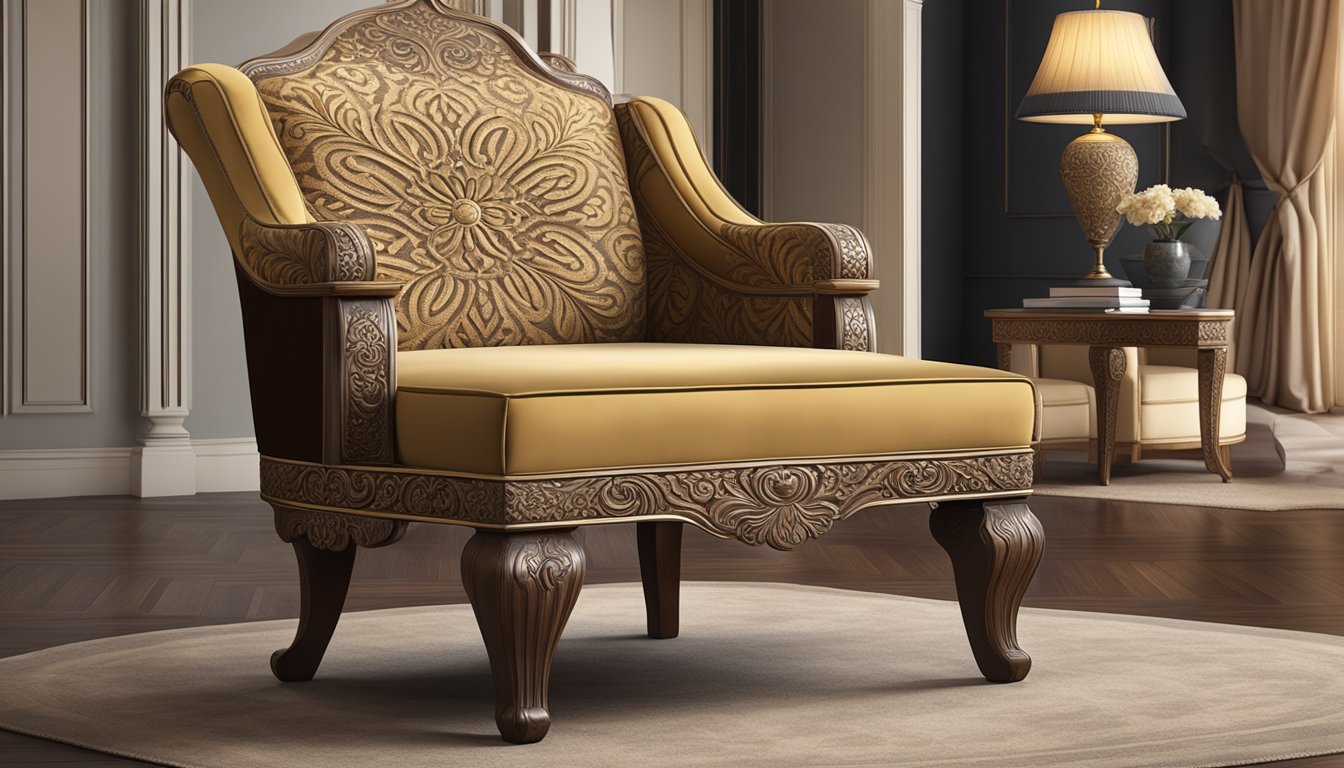 A wooden ottoman stool with intricate carvings, upholstered in rich velvet fabric, placed in a luxurious and elegant setting