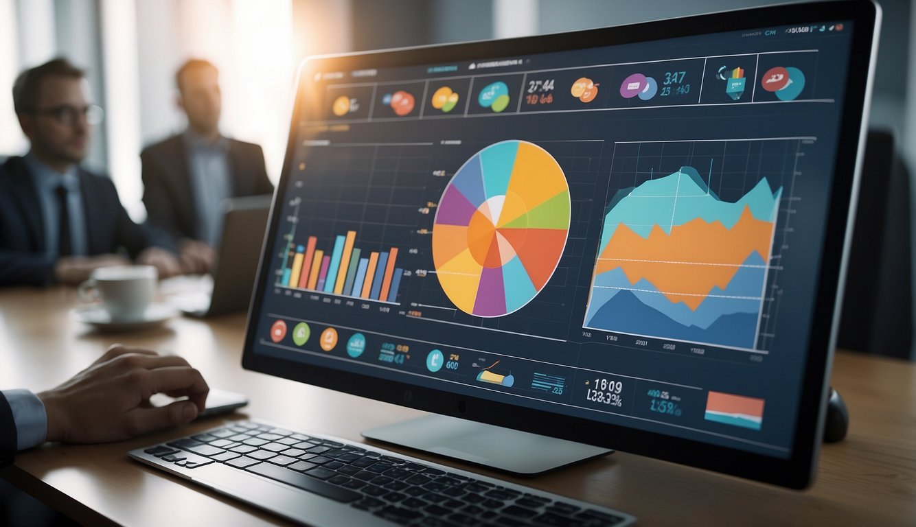 A virtual meeting with colorful charts and graphs displayed on a screen, surrounded by digital collaboration tools and devices