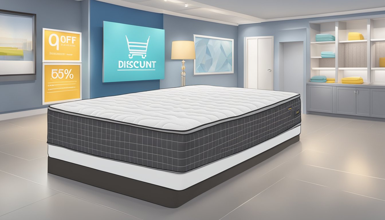 A queen mattress sits on display with a large "discount" sign above it in a bright, spacious showroom