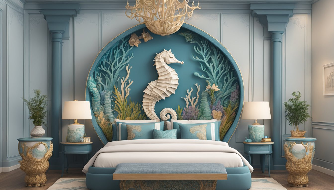 A seahorse-shaped bed frame rests in a cozy bedroom in Singapore. The frame is adorned with intricate details and surrounded by ocean-themed decor