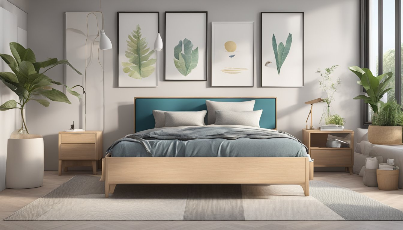 A seahorse bed frame in a modern bedroom, with sleek design and integrated storage. The frame is made of sustainable materials and finished in a neutral color palette