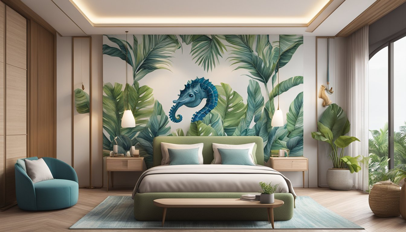 A seahorse bed frame displayed in a Singapore bedroom, surrounded by tropical decor and soft lighting