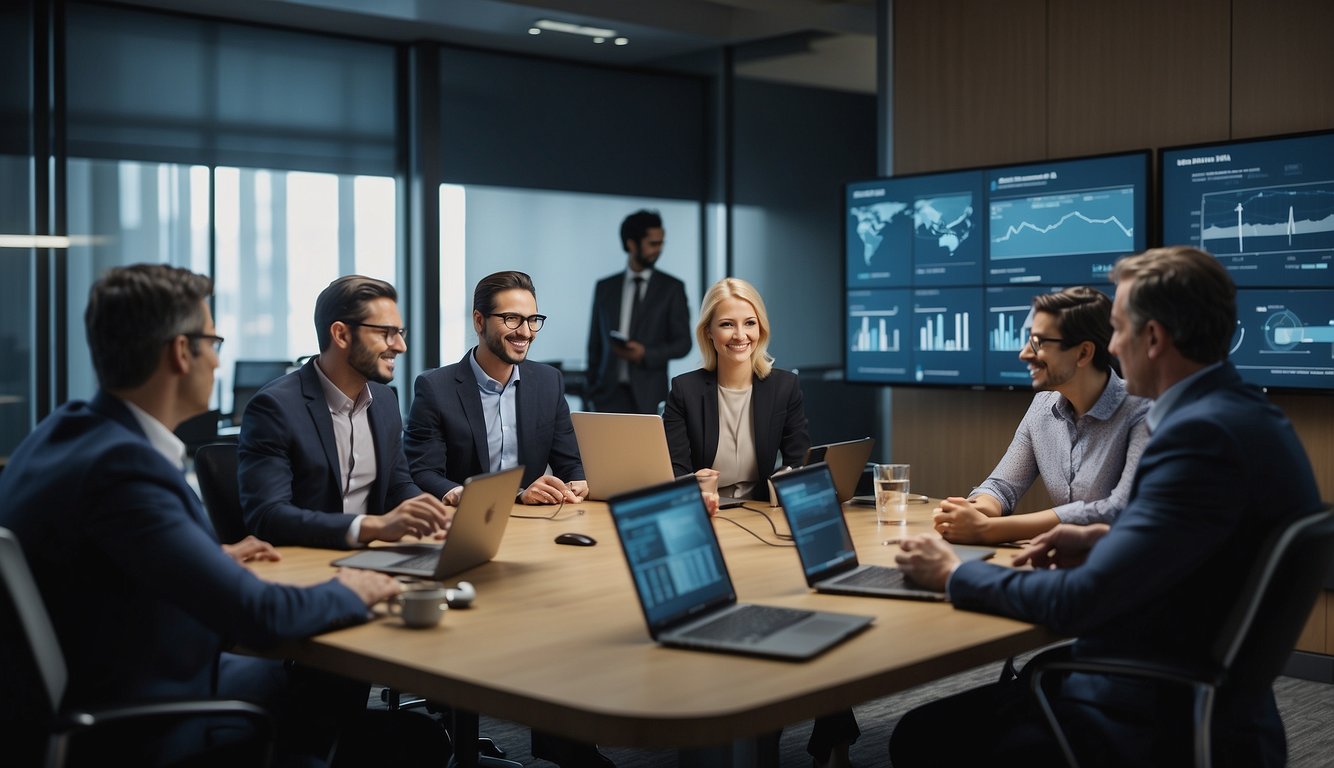 Participants interacting with virtual meeting materials, sharing ideas and collaborating. Visual elements such as charts, graphs, and interactive tools are being used to engage and facilitate discussion