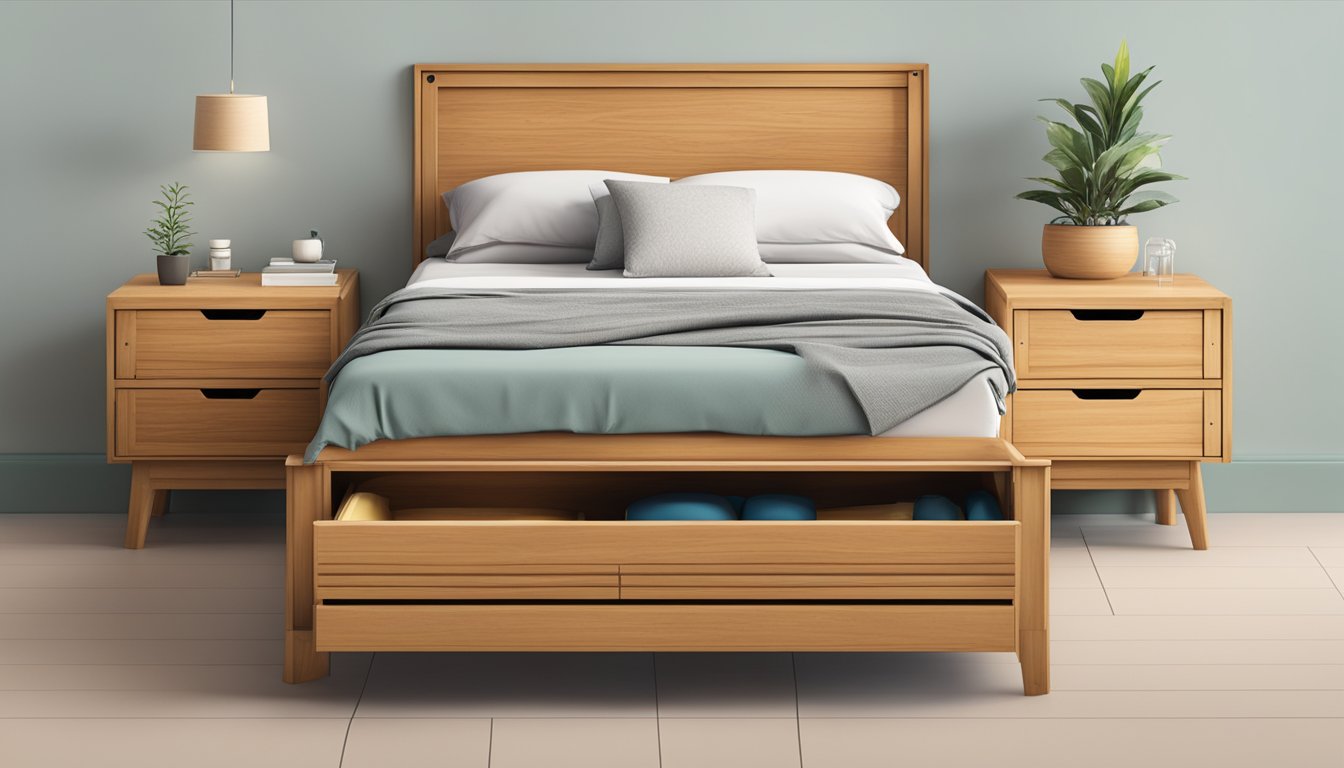 A wooden bed frame with built-in drawers underneath