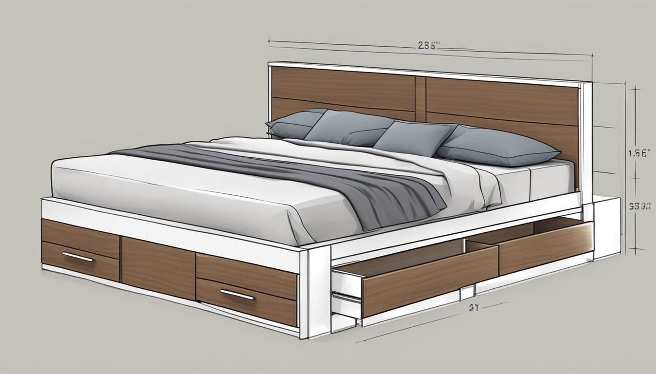 A wooden bed frame with built-in drawers, crafted with sleek lines and a modern aesthetic