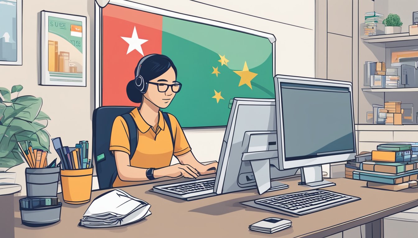 An e-commerce specialist in Singapore earns a competitive salary. The scene could include a computer with e-commerce platforms, a Singaporean flag, and a stack of Singaporean currency