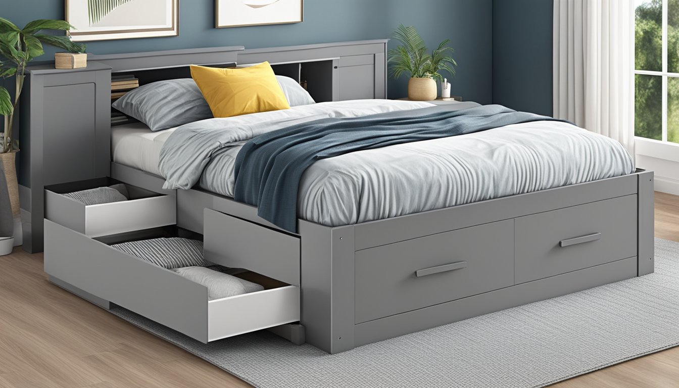 A bed frame with built-in drawers, providing convenient storage space underneath. The sleek design and functionality make it a practical choice for any bedroom