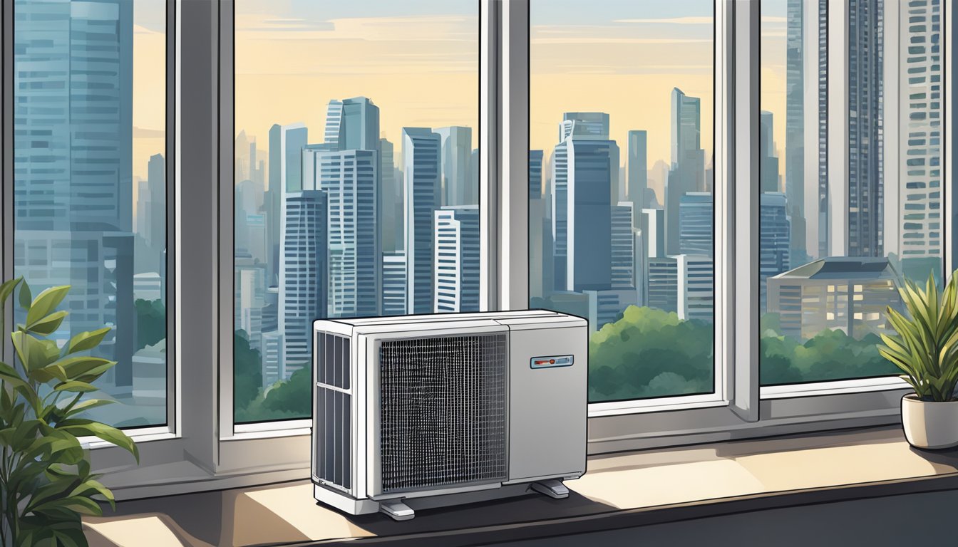 A window unit air conditioner sits in a Singaporean apartment window, with the city skyline visible in the background