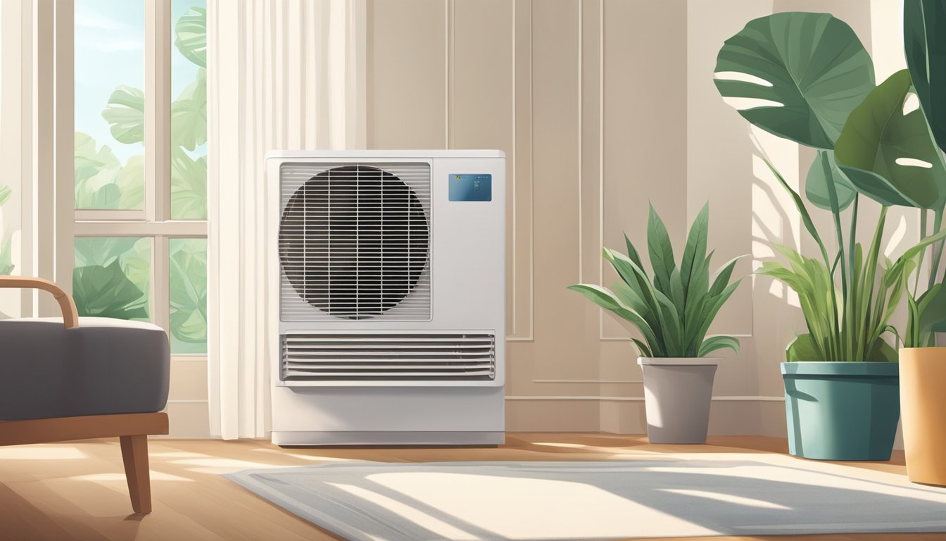 A window unit air conditioner sits in a sunny room, cooling the air. The unit is installed in a window frame and is surrounded by curtains and indoor plants