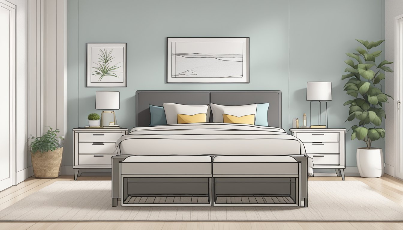 A bed frame with drawers, neatly organized and labeled, sits against a plain wall in a bright, tidy bedroom