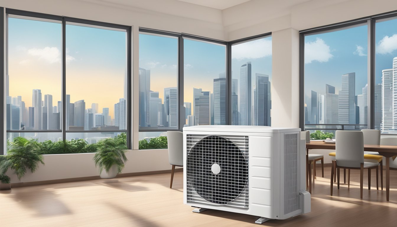 A window unit air conditioner installed in a Singaporean home, with a backdrop of city buildings visible through the window