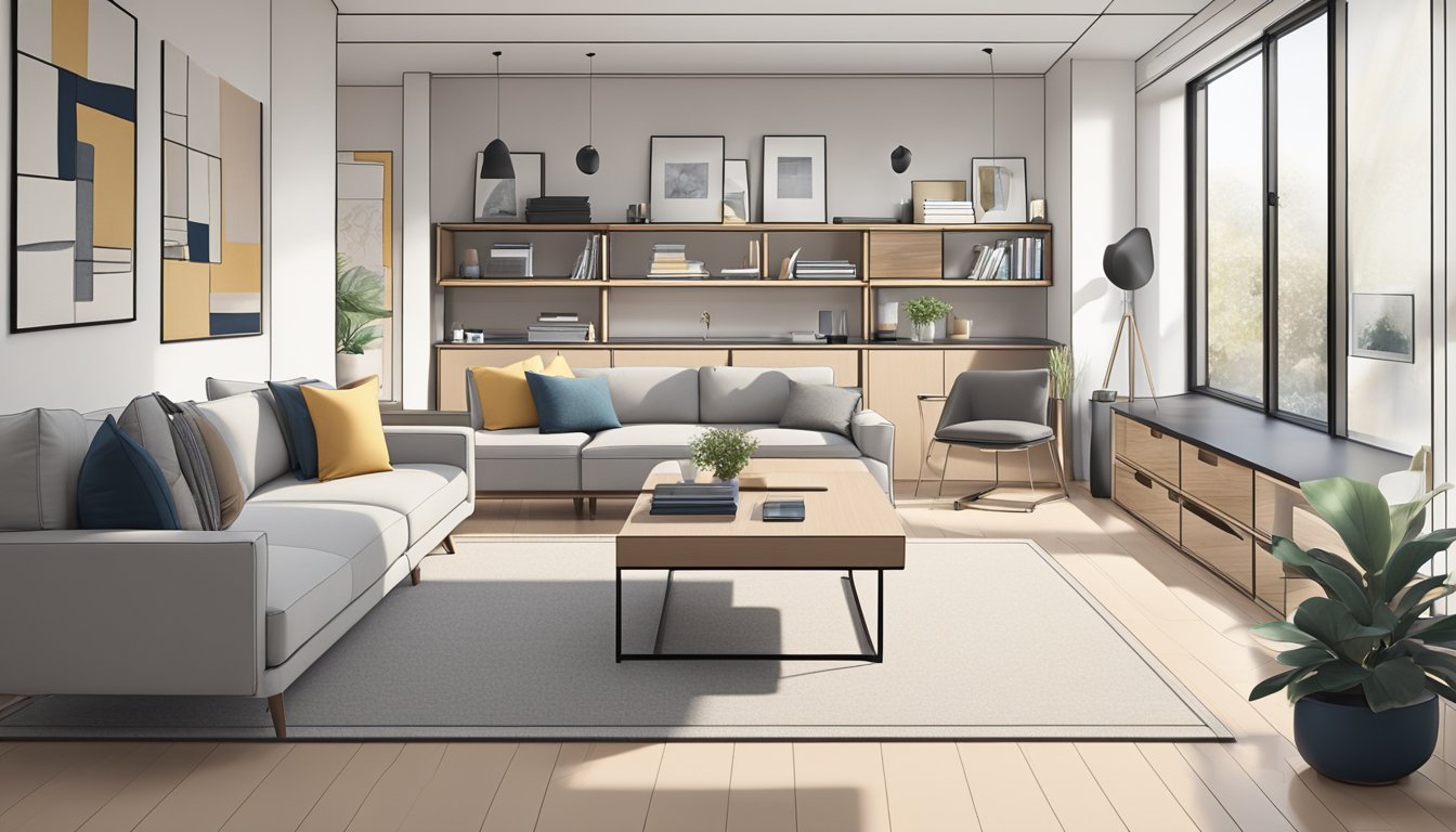 A modern living room transitions into a functional workspace with a sleek desk and storage solutions. The space features clean lines, neutral colors, and multifunctional furniture