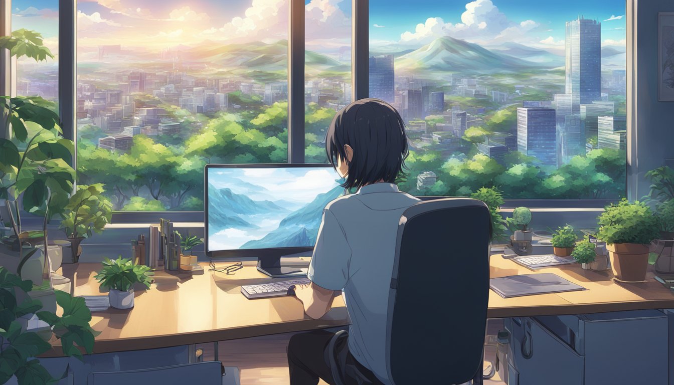 A person sitting at a desk, surrounded by digital devices. They are looking out a window, with a mix of city and nature scenery