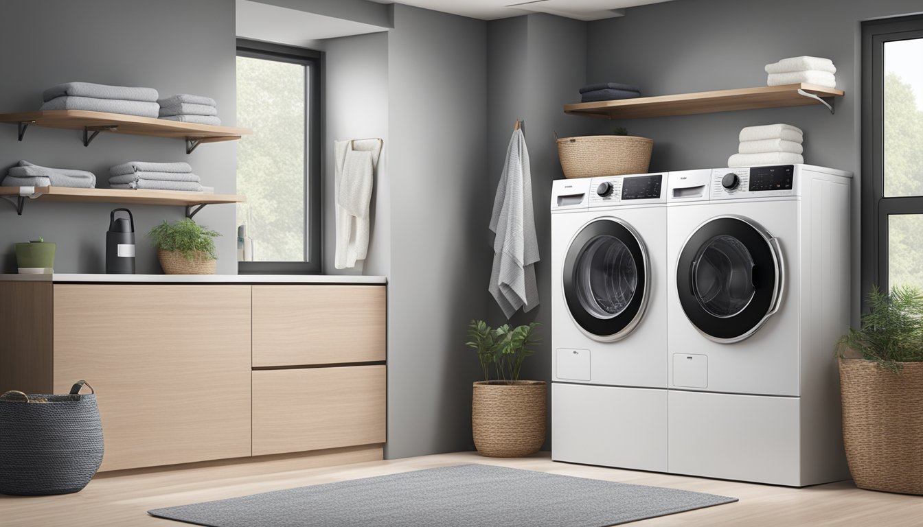 A compact 2 in 1 washer dryer unit sits in a modern laundry room, surrounded by neatly folded towels and a basket of clothes