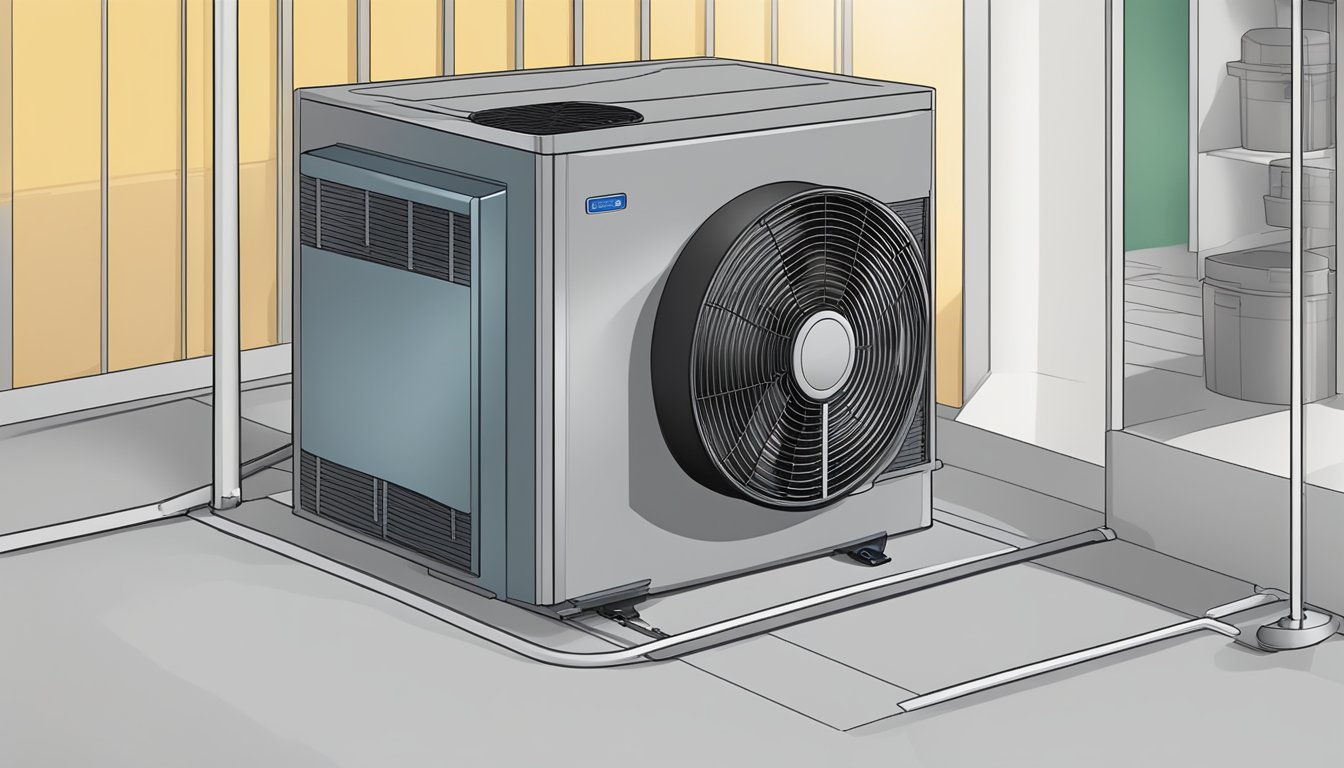 A person places a cooling fan in a well-ventilated area, away from obstructions. The fan's cord is neatly secured to prevent tripping hazards