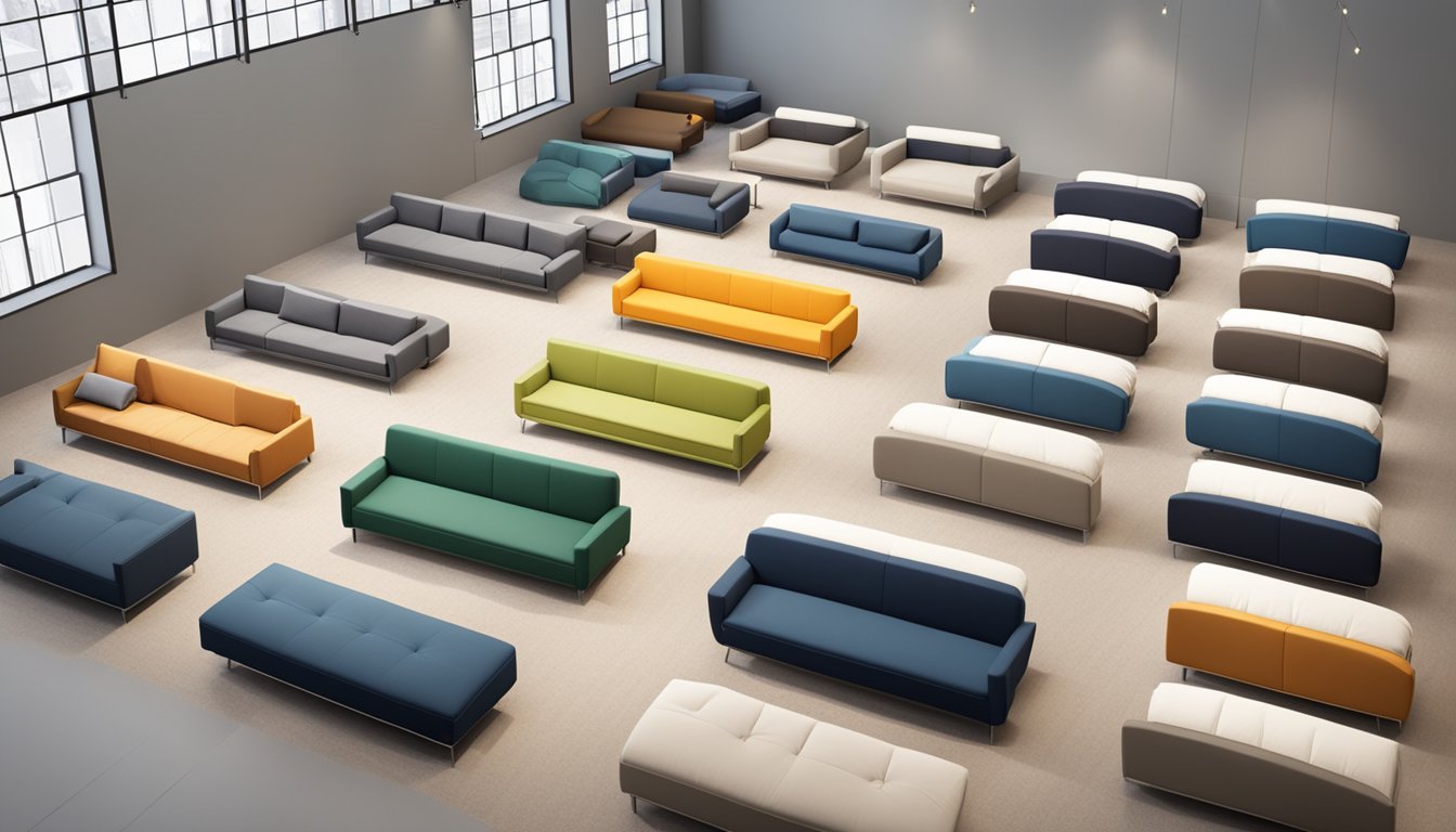 A variety of big box sofa beds are displayed in a spacious showroom, with different colors, styles, and sizes to choose from